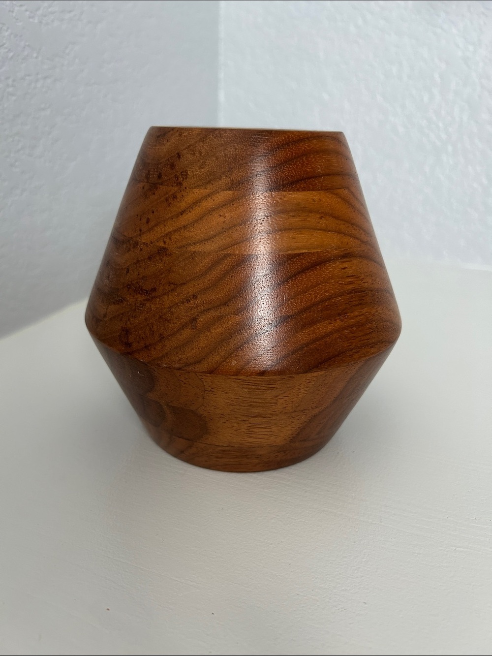 Handcrafted Walnut Wood Geometric Vase - Brown